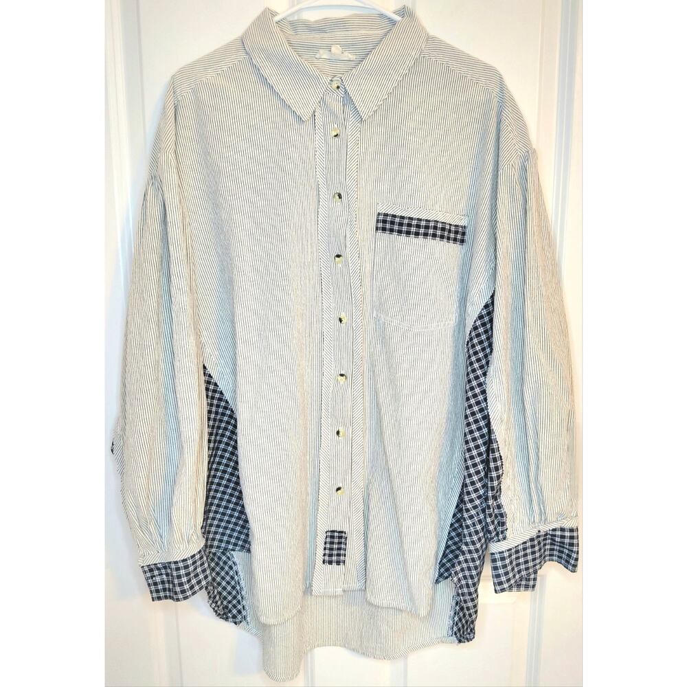 Easel Los Angeles Mixed Media Patchwork Button Down Shirt Pinstripe Plaid L